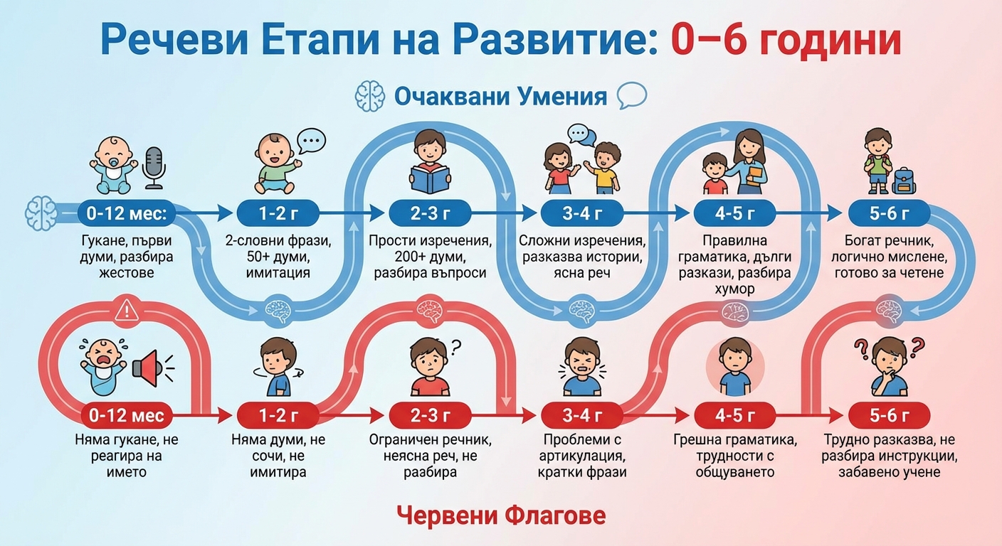 Инфографика: Речеви етапи на развитие от 0 до 6 години – очаквани умения и червени флагове